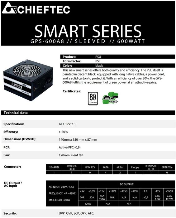 Захранване PSU Chieftec SMART SERIES GPS-600A8 600W 85+