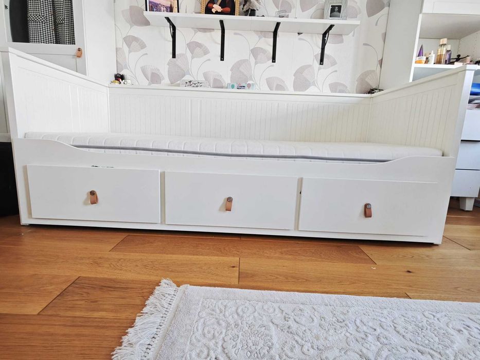 IKEA HEMNES divan extensibil alb + sertare, pat dublu, saltea inclusă 80x200