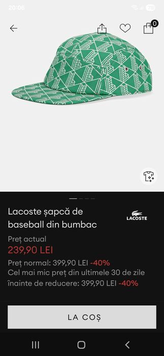 Șapcă lacoste,  mărimea L, nouă,  preț 120 roni