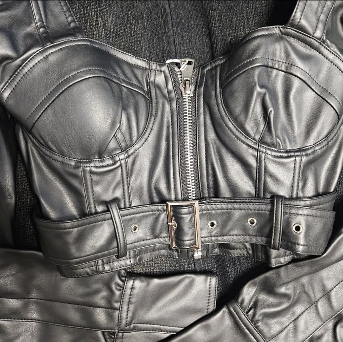 Top Piele, Corset, Croptop, Maneci Bufante, Piele ecologica, negru, Cr