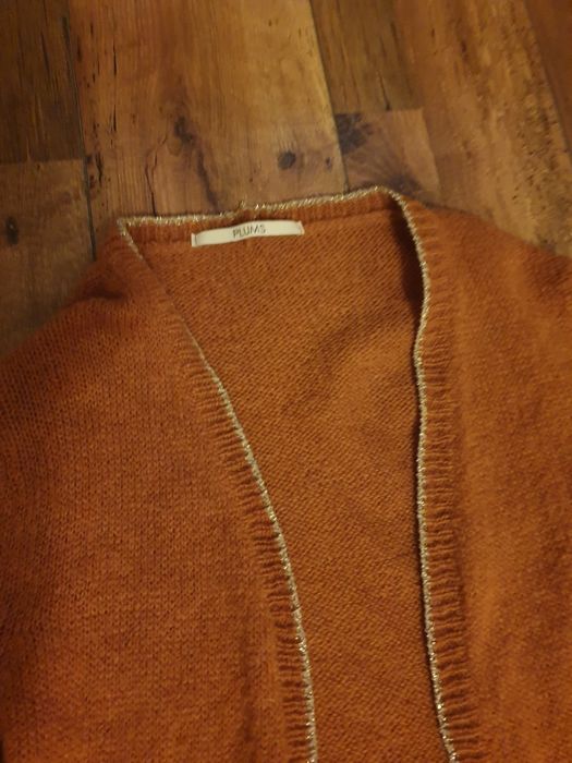 Cardigan dama, cu adaos de lana, culoare caramiziu, cu elemente aurii