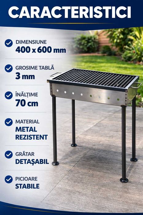 Gratar metalic robust 400x600mm tabla 3mm cu picioare detasabile