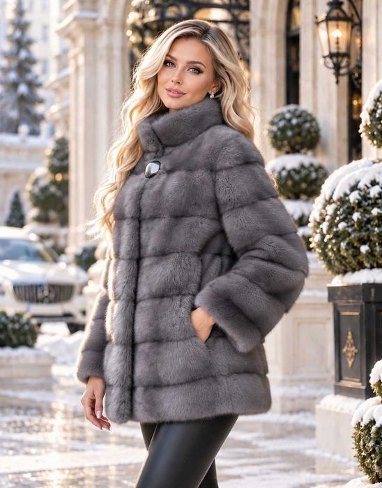 Haina blana vizon , Haină blană nurcă , Culoare Gri 4in1  , m.L-XXL