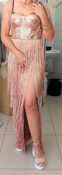 Официална дълга коктейлна  рокля с ресни