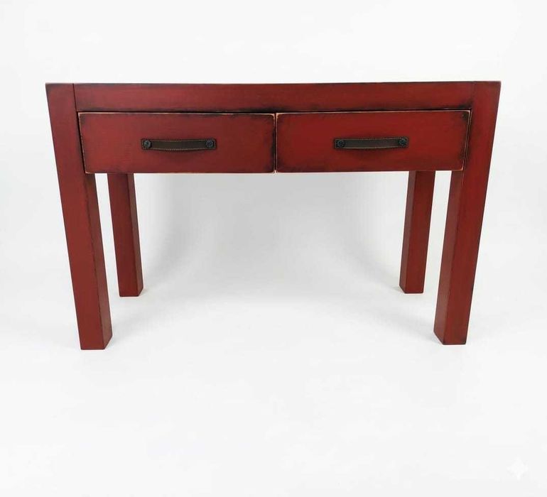 Consolă lemn  masiv burgundy unicat, patinată, mânere piele, sertare