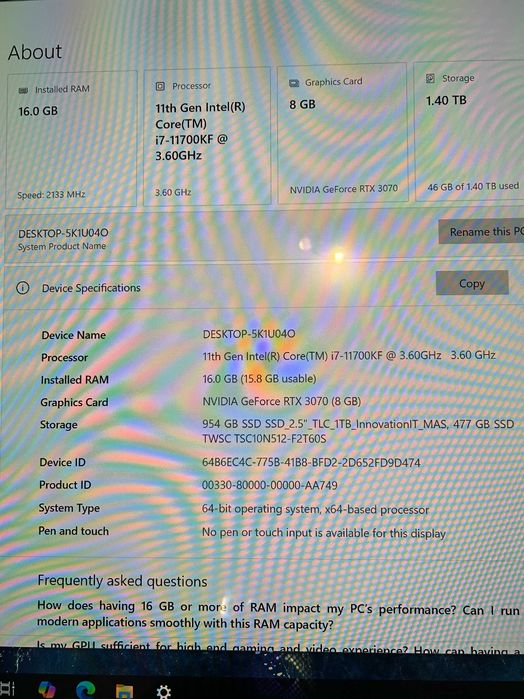 Геймърски i7 11700K/RТX 3070/16Gb рам/Nvme+SSD 1,5tb/Asus Top RGB