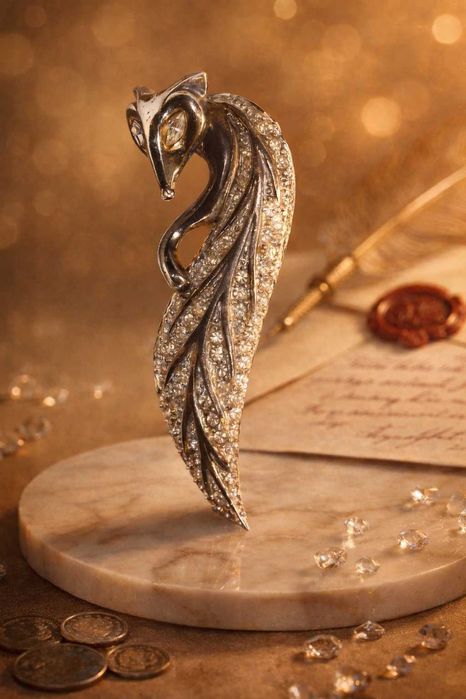 Broșă Lux „Vulpe” – ULTIMA EDIZIONE – Argint Vermeil & Zirconii – anii '80