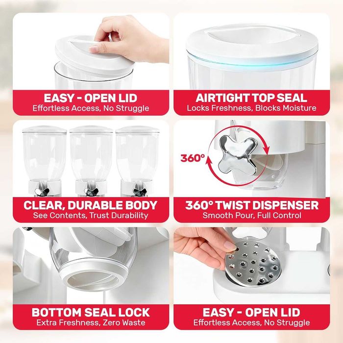 REDUS de la 200 RON, Dispenser dublu si  triplu pentru cereale sau bomnoane, 2x2L sau 3x2L, Alb sau Negru