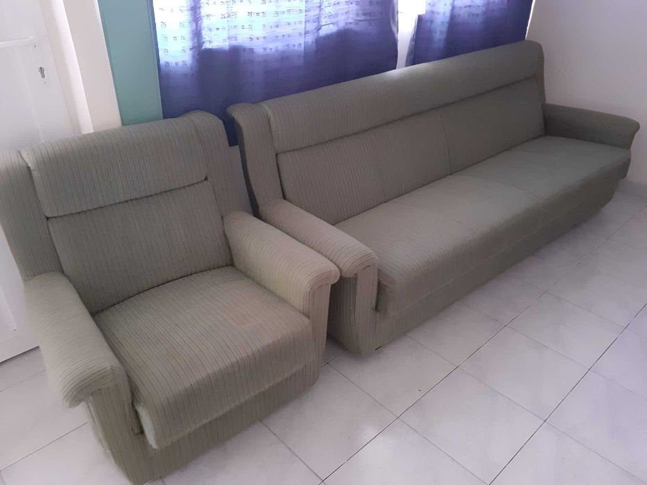 OFERTA set canapea cu fotoliu si masa lemn masiv cu gresie