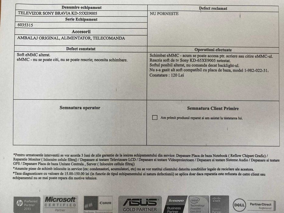 Sony Bravia KD-55XE9005 defect pentru piese de schimb