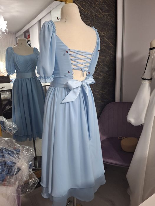 Rochie elegantă Ice blue, unicat, făcută pe comandă, cu corset – purtată o singură dată.