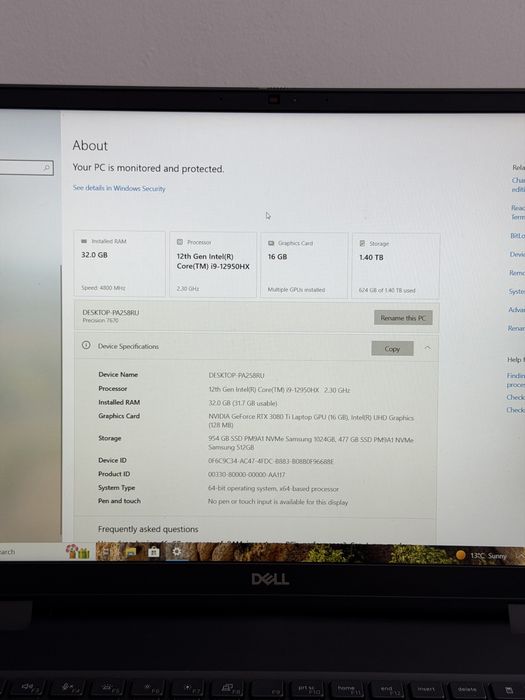 Laptop Dell  RTX 3080Ti 16gb ; 32GB DDR5; I9-12950HX