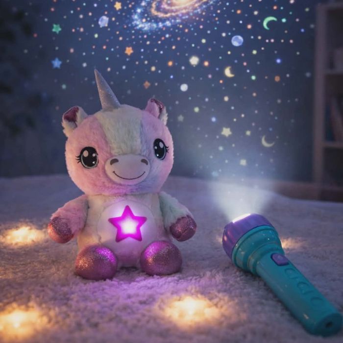 Плюшена играчка с нощна лампа 2в1 + детски фенер-проектор със светлинн