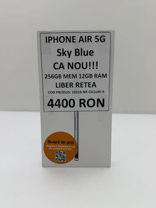 iPhone Air 256GB, 5G, culoare Sky Blue. Număr cicluri de încărcare: 9.