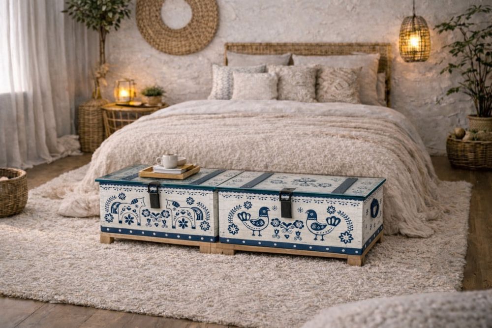 Set 2 Lăzi Pictate Manual – Design Nordic / Măsuțe Cafea / Noptiere