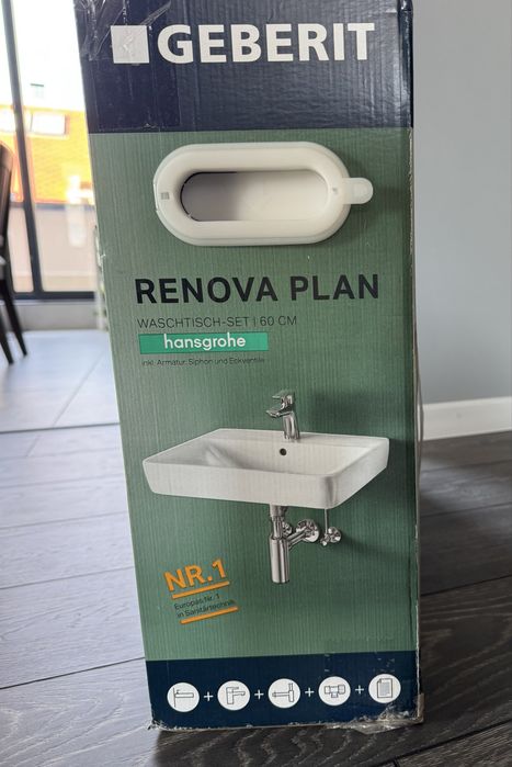 Нов комплект Geberit Renova Plan 60 см + Hansgrohe смесител