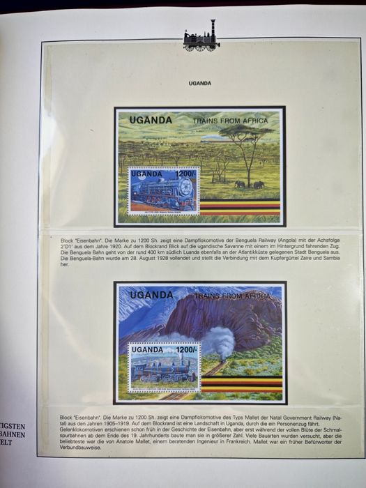 Album filatelic complet „Cele mai impresionante căi ferate ale lumii” – 10 pagini, locomotive și timbre