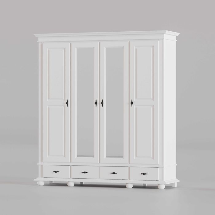 Dulap lemn masiv cu oglinda Seby, 4 usi + 3 sertare, alb