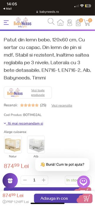 Vand Pătuț bebe + saltea + baldachin  toate NOI