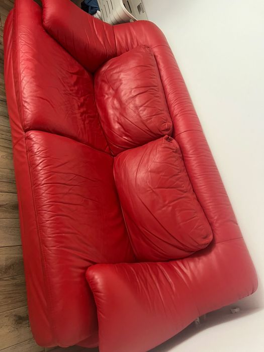 Set canapea + fotoliu din piele naturală roșie