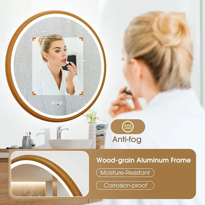 Кръгло LED огледало за баня Ф60/80 см, bluetooth обезпотяване дървесна