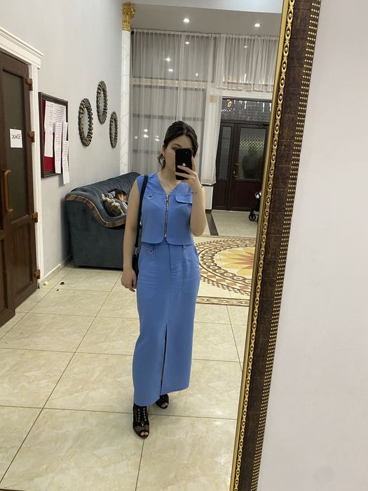 Костюм двойка голубого цвета(жакет+юбка)