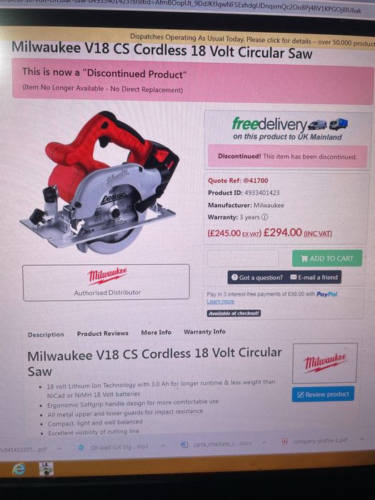 Vand circular Milwaukee V18CS impecabil