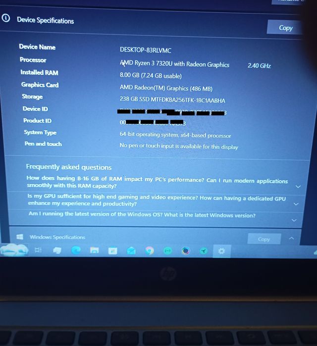 Laptop hp Ryzen 3 7000series