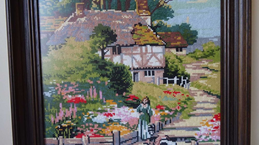 Гоблен, голям „Край реката “, едър бод кръстче, дебел памучен конец.