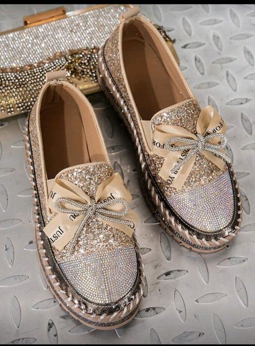 Mocasini/Tenisi de Damă Noi, cu Sclipici și Fundă - Mărimea  39 (38)