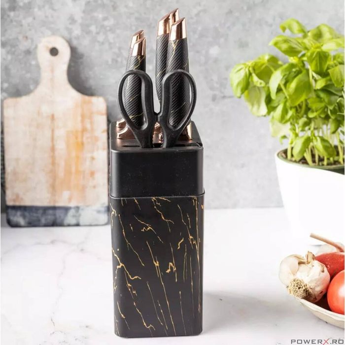 Cutite de bucatarie cu suport, set de 7 piese, model negru, Klausberg