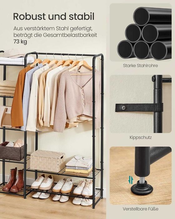 Suport haine metalic cu rafturi, Songmics, 29 × 112 × 158.4 cm, negru