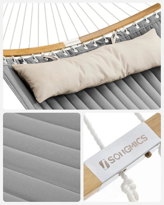 Hamac dublu căptușit SONGMICS GDC34CG cu bare curbate detașabile din bambus și pernă, material Oxford, 200 x 140 cm, încărcătură 225 kg, gri și bej