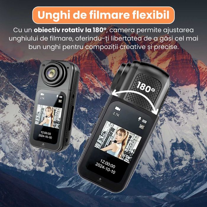Camera Video Actiune Corporala, 5k (stabilizare EIS 6 axe, ecran LCD), 4K, 2,7k) conectare wi-fi accesorii prindere bicicleta