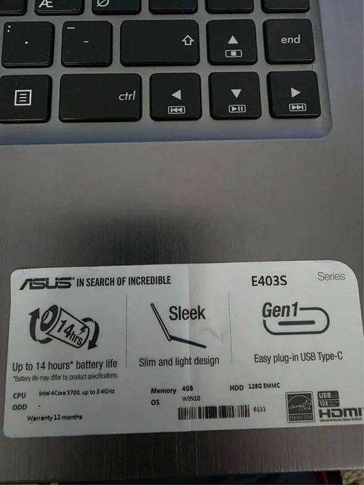 Laptop slim Asus E403S Intel quad core, 4gb, 128gb