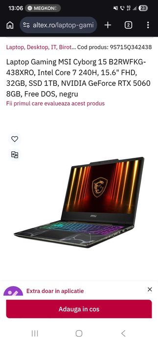 Laptop Gaming MSI Cyborg 15 B2RWFKG-438XRO, Intel Core 7 240H, 15.6" FHD, 32GB, SSD 1TB NVIDIA GeForce RTX 5060 8GB