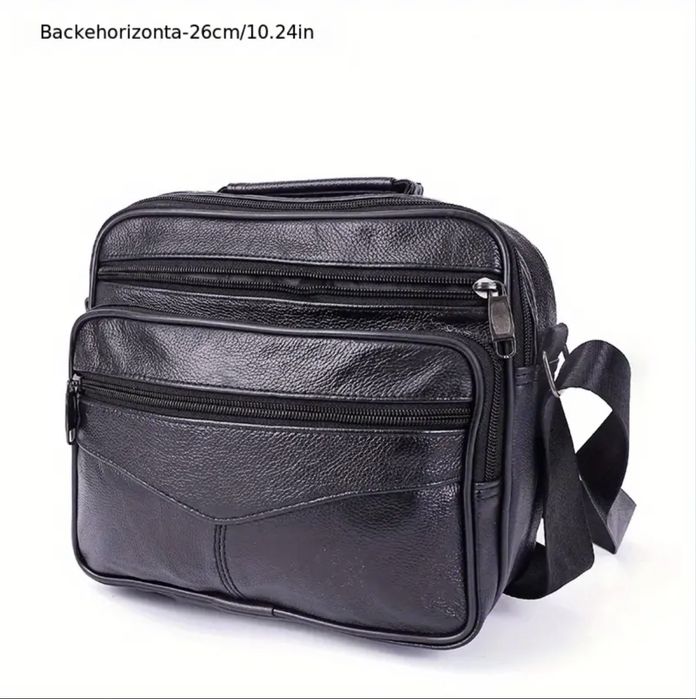 Мъжка кожена правоъгълна чанта за през рамо /Черна и кафява ест. кожа!