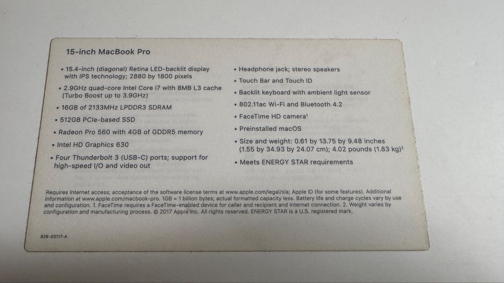 MacBook Pro 15” 2017 (с Тач баром)