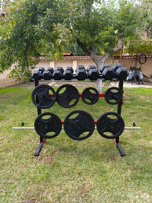 Лежанки, стойки за клек, дъмбели, лостове, тежести