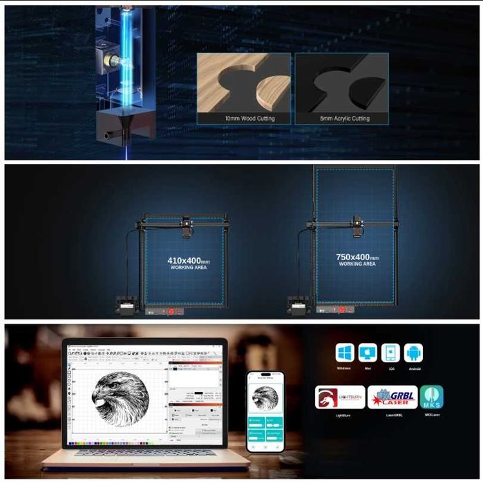 Laser CNC X3 Pro, 10W optic, 410x400mm + Air assist + Fagure - NOU