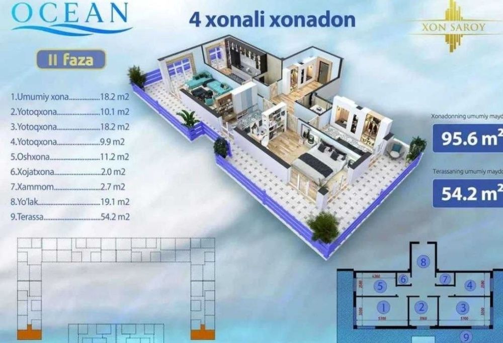 Продаётся 4-комнатная квартира в новостройке Xon Saroy Ocean Юнусабад-