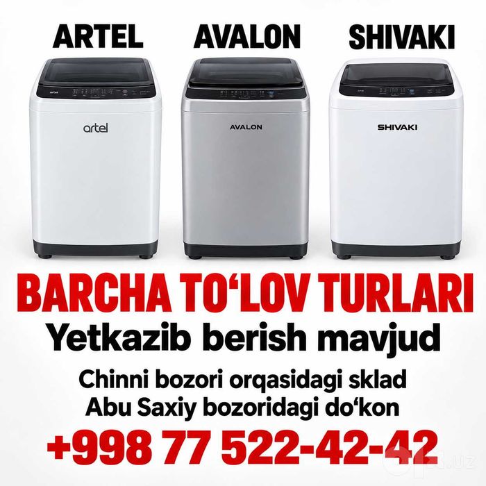 Kir yuvish mashinalari Artel, Avalon, Shivaki — kafolatli