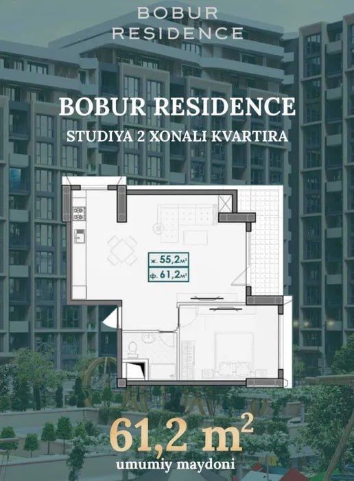 Квартира в ЖК Bobur residence, 61.2м2. Студия разделка.