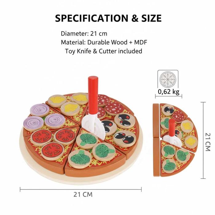 Set pizza din lemn 27 piese jucarie de rol copii cu accesorii si blat