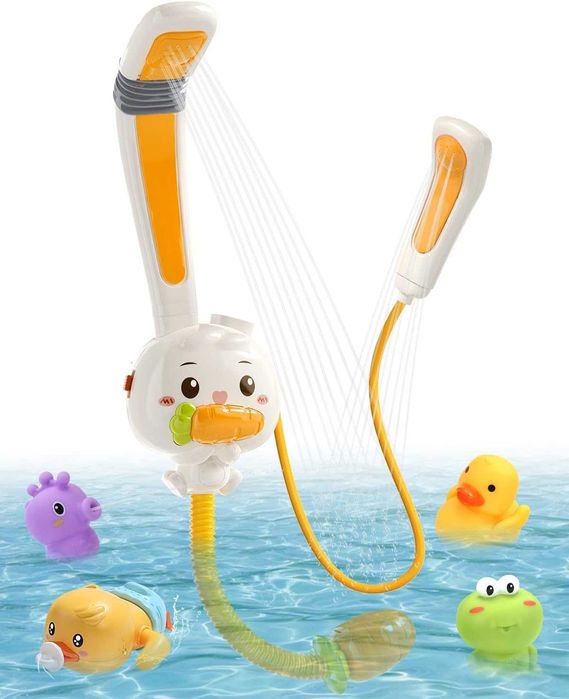 Електрически душ-играчка за баня с помпа, заек с вендузи и 2 душ глави