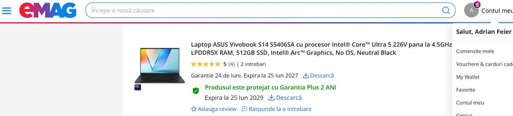 Asus Vivobook S14 S5406 aluminiu  ecran OLED 14" 16 GB RAM 480 GB SSD garanție eMAG 2029 Intel Ultra 5 226V Lunar Lake 18 ore autonomie YouTube video