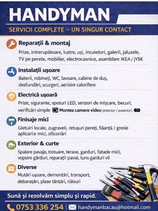 Meserias Bacau, montaj lustre, montaj mobila