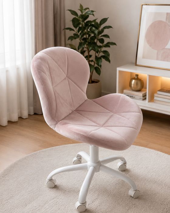 Scaun de birou din catifea roz pudrat – elegant și confortabil