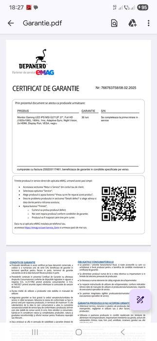 Monitor Gaming LED IPS MSI G2712F 27", Full HD (1920x1080), 180Hz, 1ms