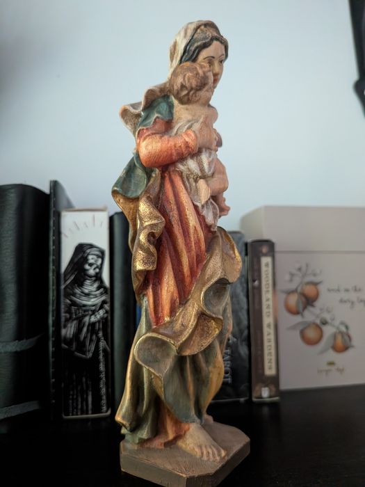 Statuetă Lemn sculptată și pictată manual, Fecioara Maria și Pruncul Iisus